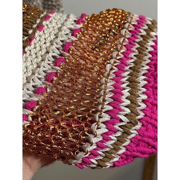 Chicos Knit Sweater XL Tan Open Weave Striped Metallic Boho Western Neutral Chic - Picture 5 of 11